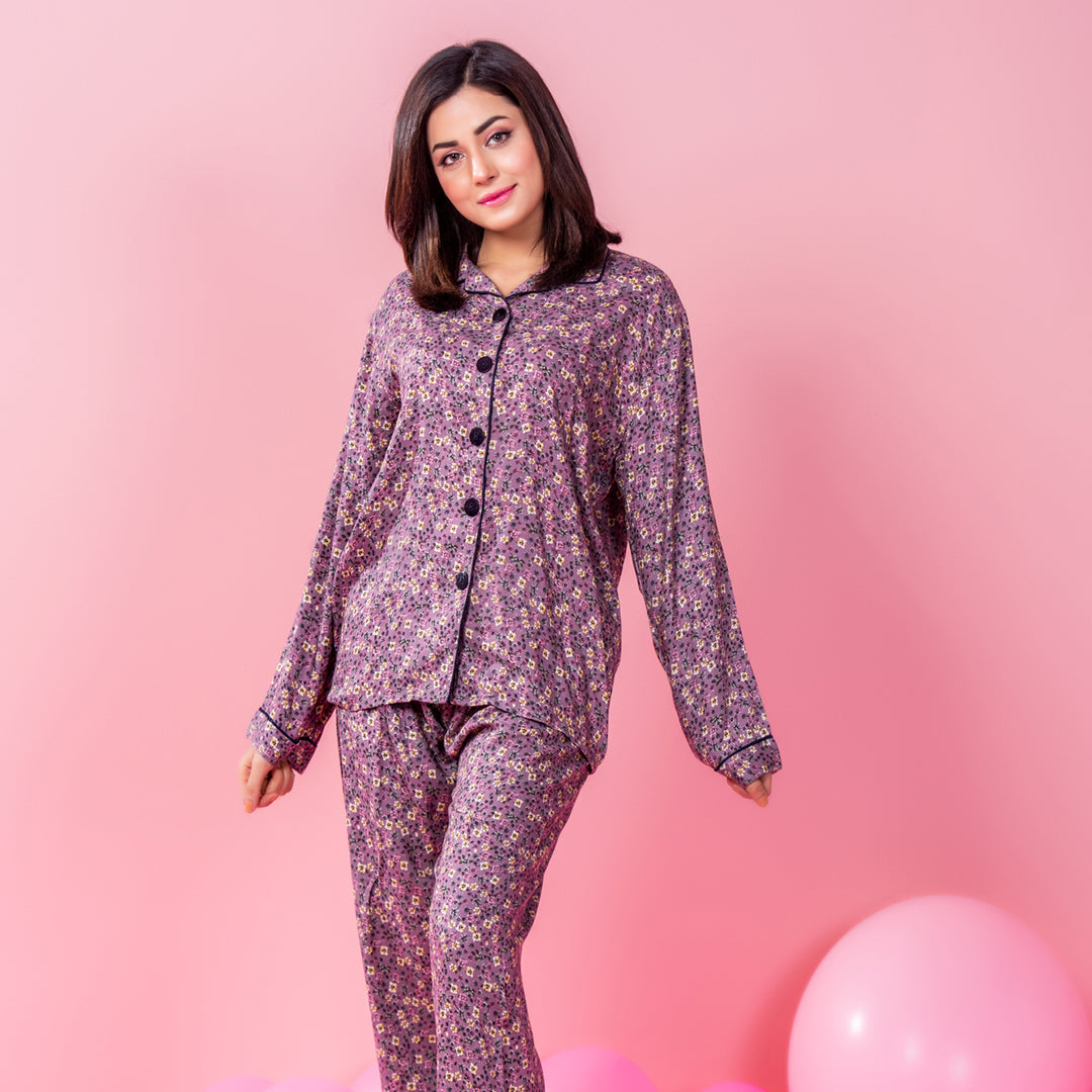 Belleza Lingerie Purple Printed Woven Full Sleeve Night Suit