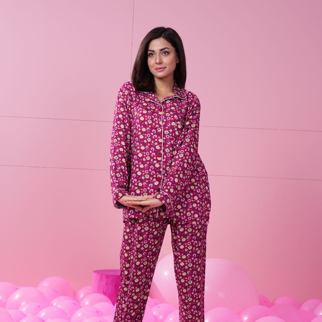 Belleza Lingerie Red Printed Woven Full Sleeve Night Suit