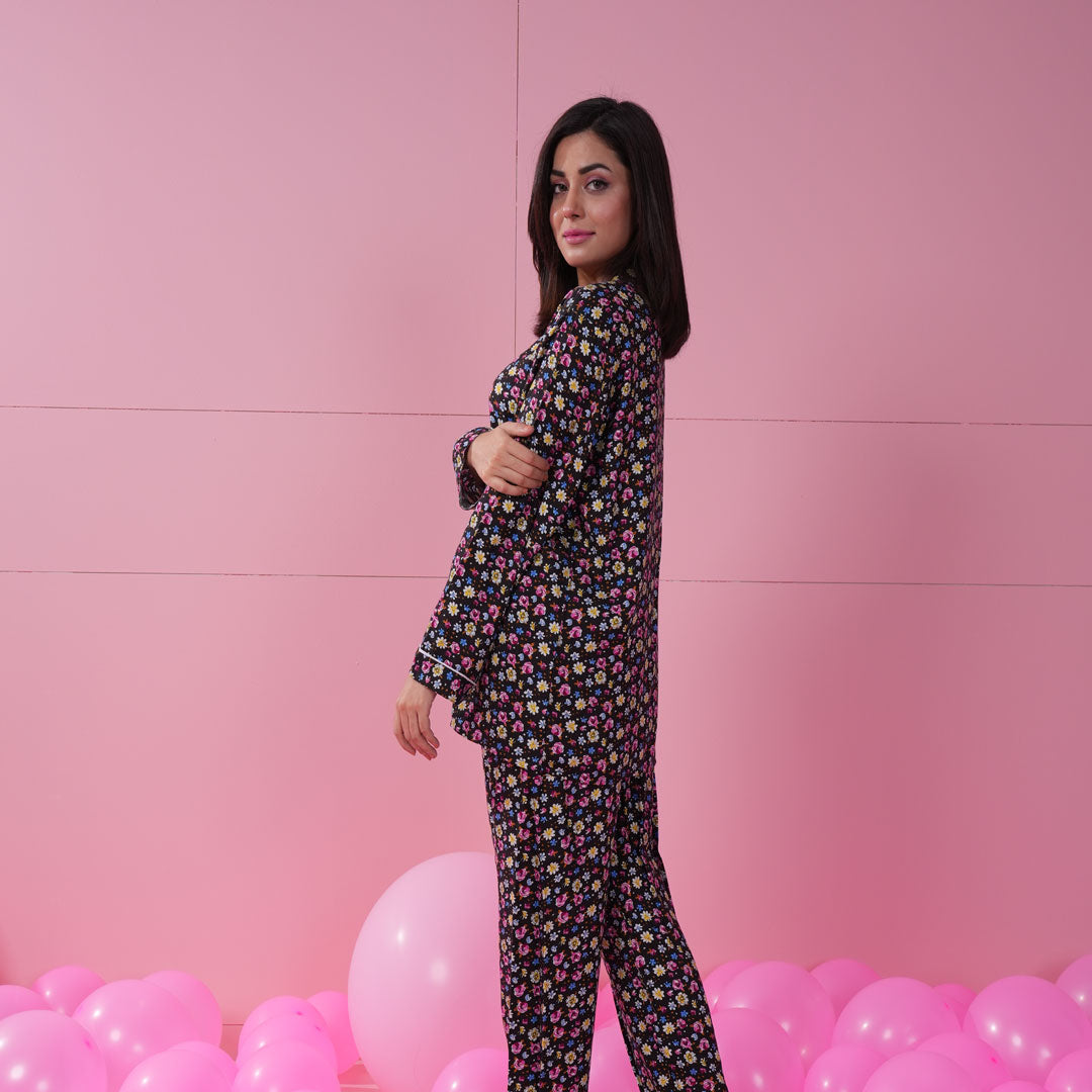 Belleza Lingerie Black Printed Woven Full Sleeve Night Suit