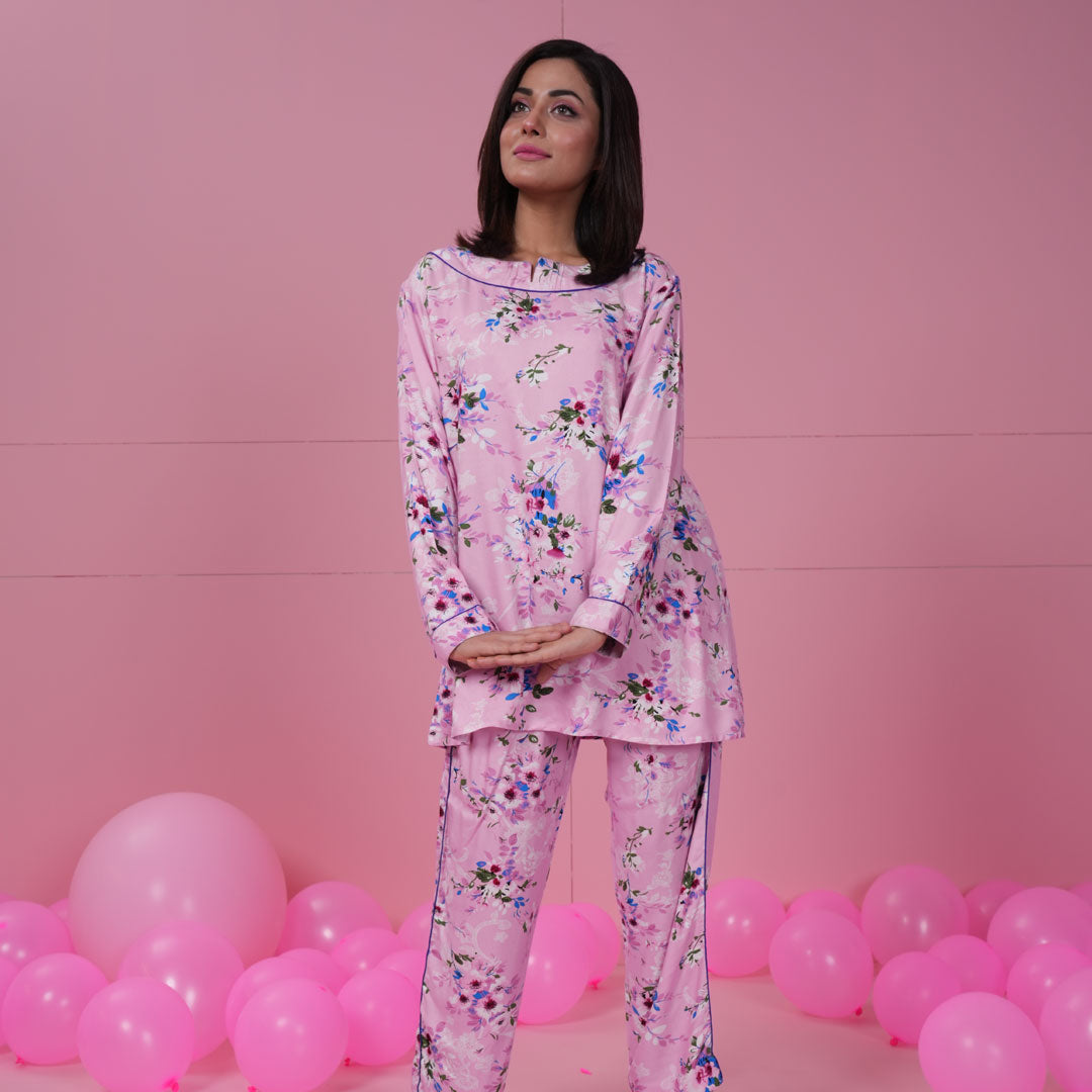 Belleza Lingerie Baby Pink Printed Woven Full Sleeve Night Suit