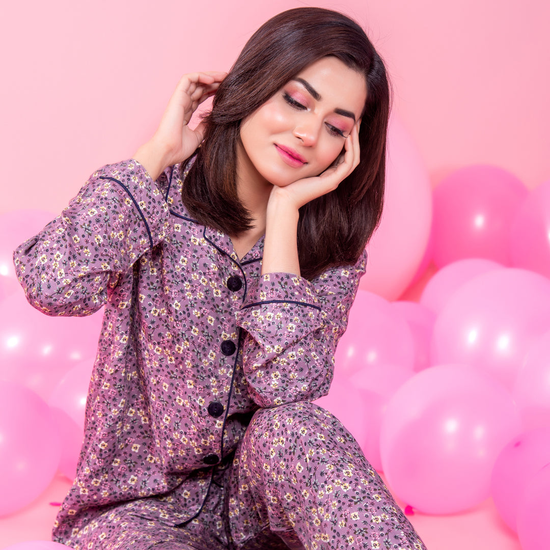 Belleza Lingerie Purple Printed Woven Full Sleeve Night Suit