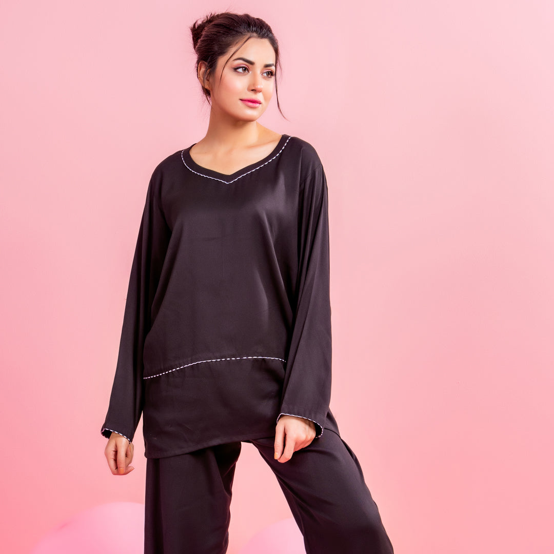 Belleza Lingerie Black Plain Woven Full Sleeve Night Suit