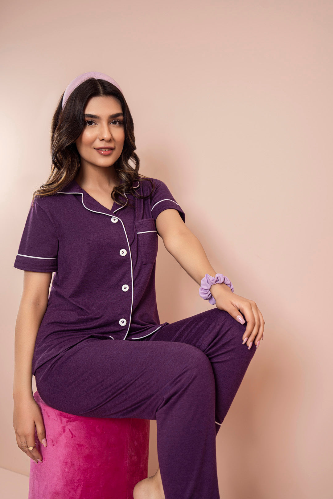 PV Plain With Contrast Piping Pajama Suit -PJS003