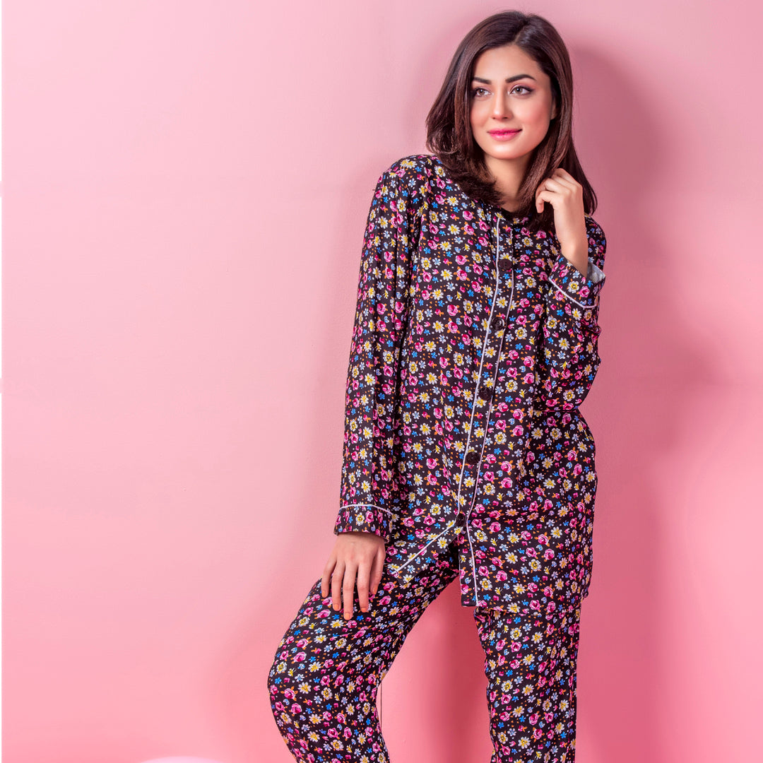 Belleza Lingerie Black Printed Woven Full Sleeve Night Suit