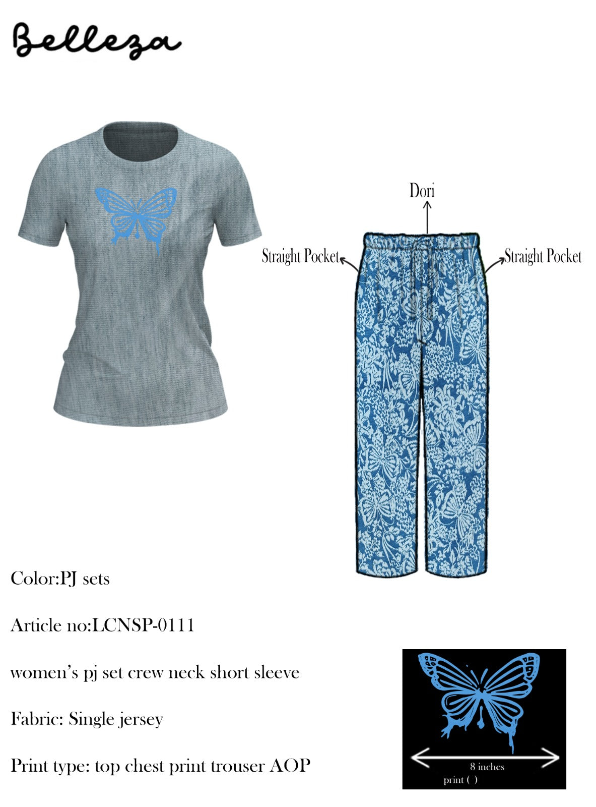 Belleza Lingerie Crew Neck C/Jersey Pajama Set 0111-Multi