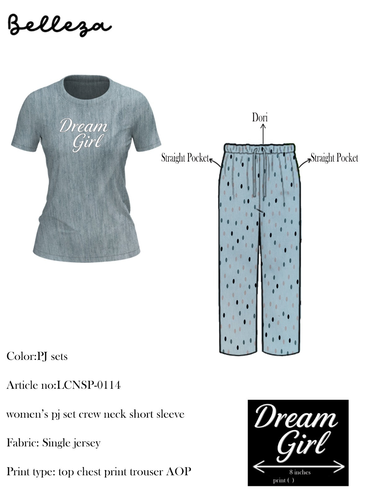 Belleza Crew Neck C/Jersey Pajama Set 0114-Multi