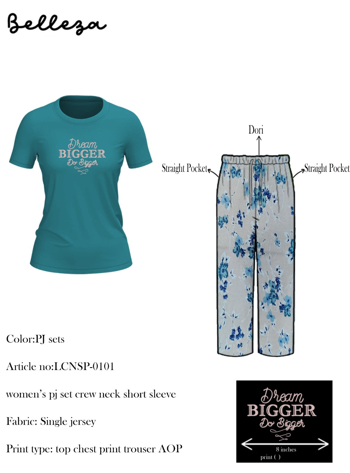 Belleza Lingerie Crew Neck C/Jersey Pajama Set 0101-Multi