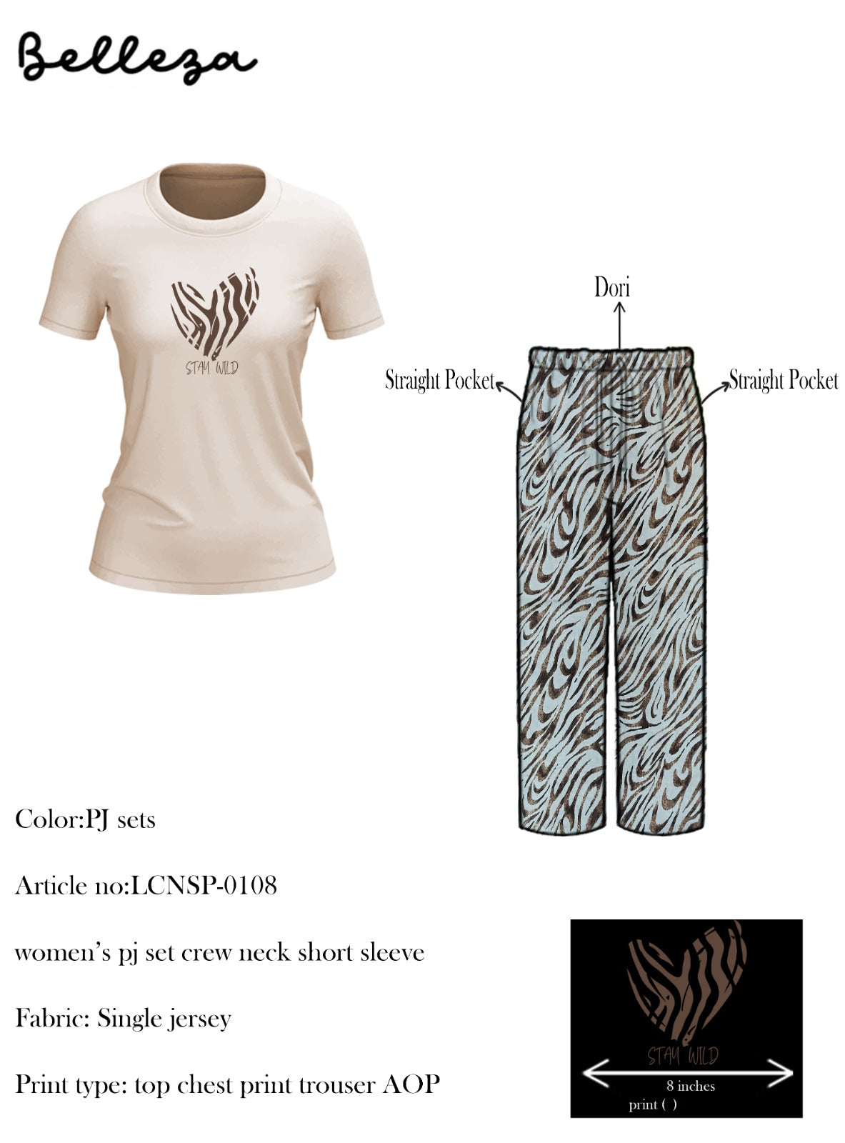 Belleza Crew Neck C/Jersey Pajama Set 0108-Multi