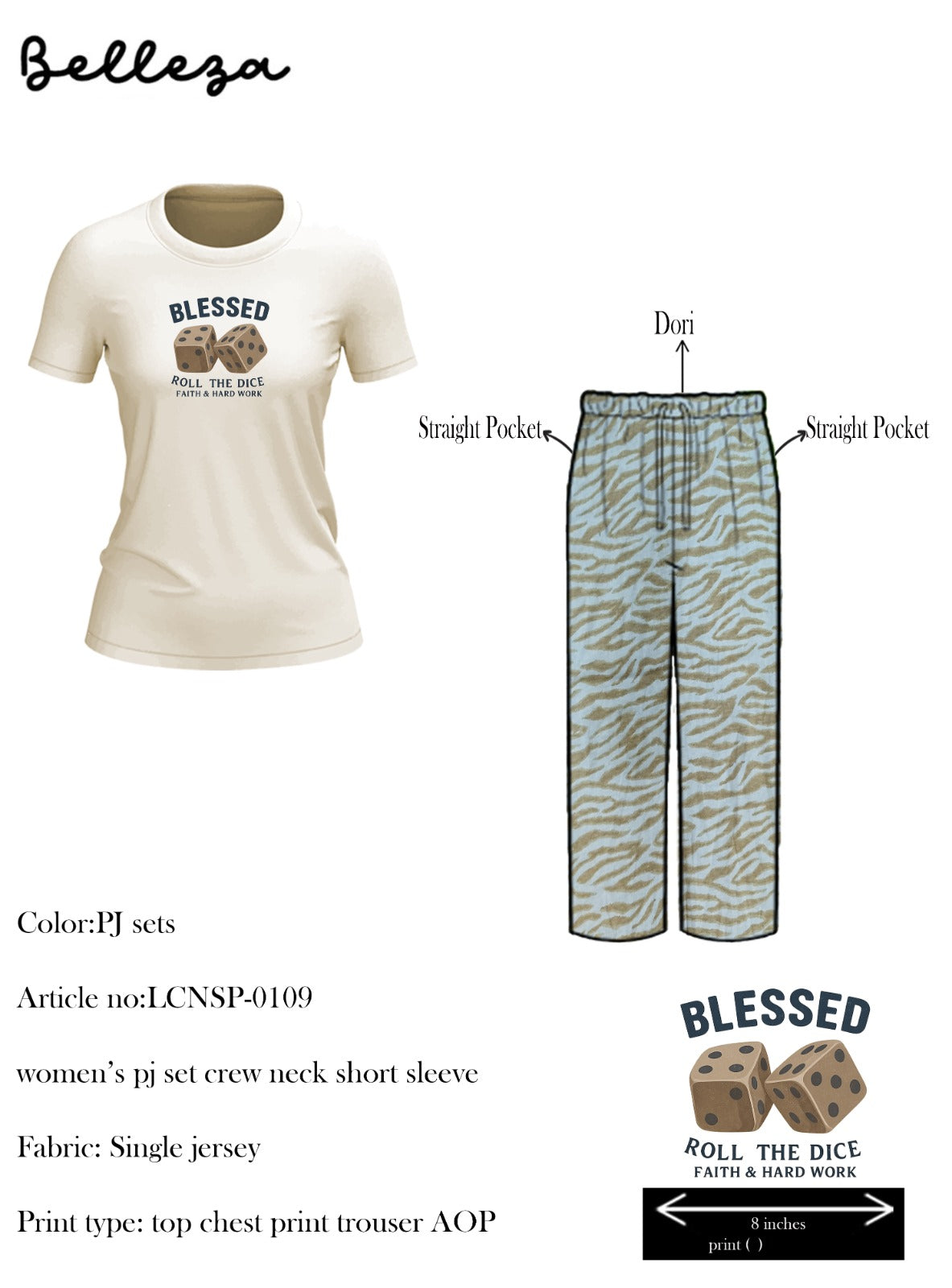 Belleza Crew Neck C/Jersey Pajama Set 0109-Multi