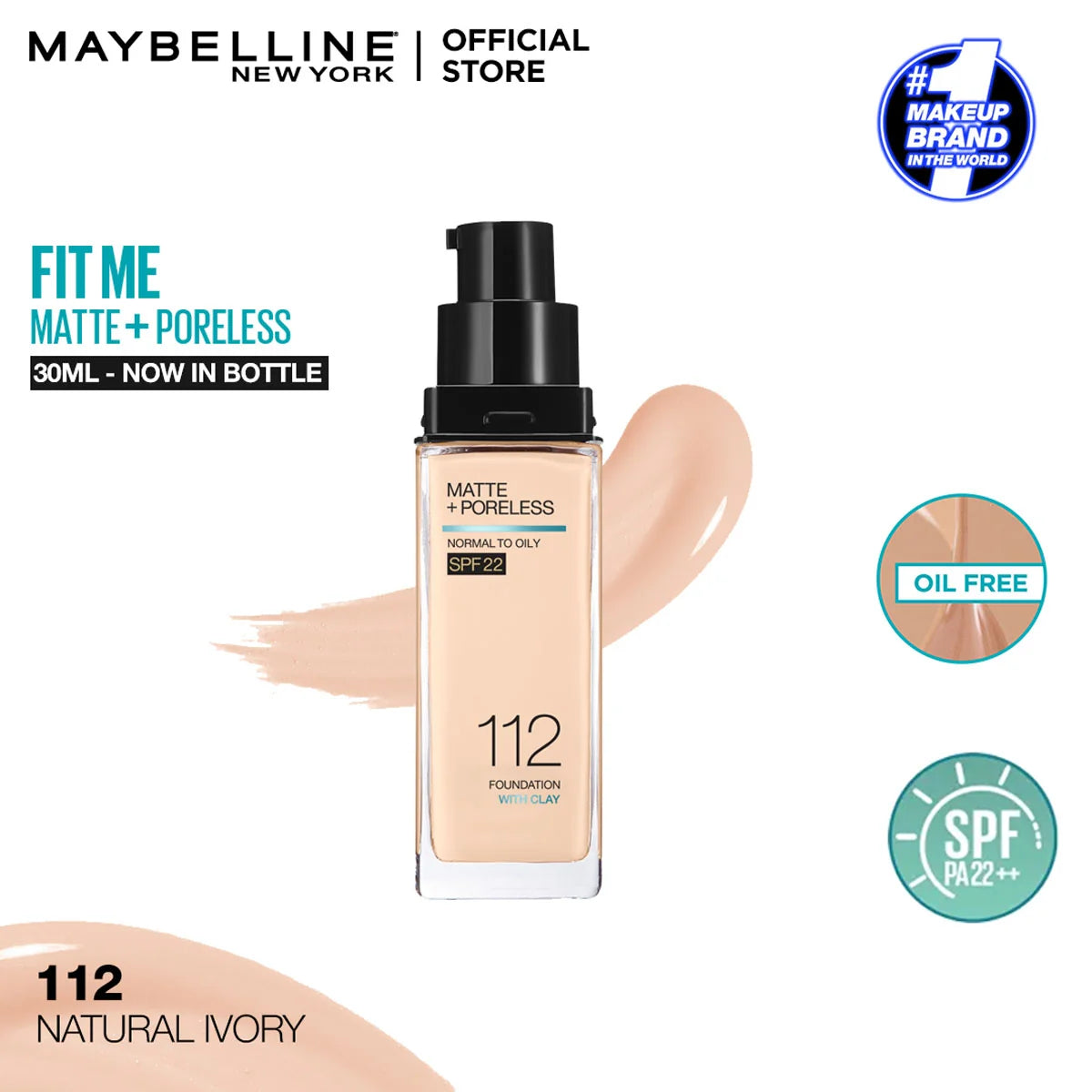 Maybelline Fit Me Matte + Poreless Liquid Foundation SPF 22 - 112 Natural Ivory 30ml