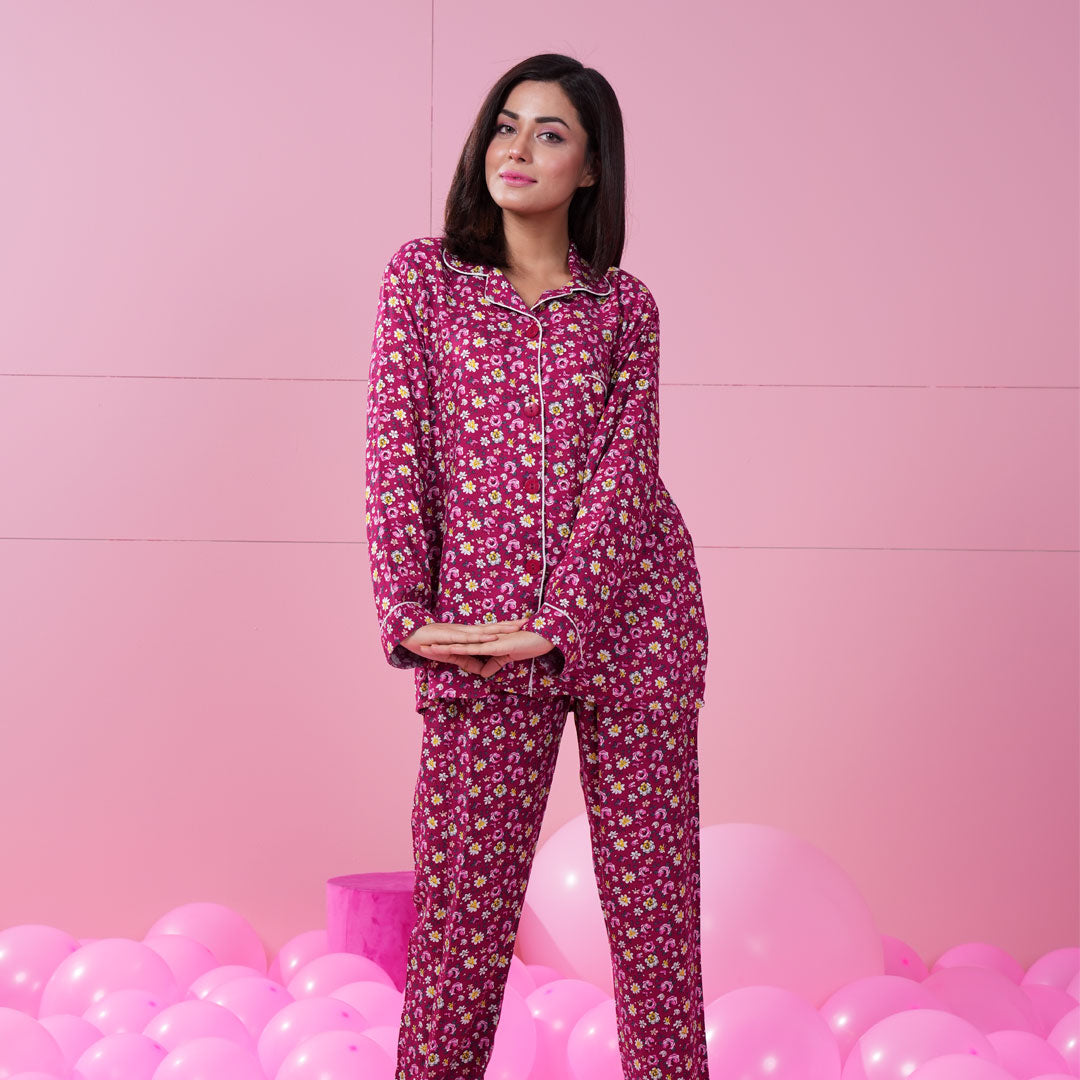 Belleza Lingerie Red Printed Woven Full Sleeve Night Suit