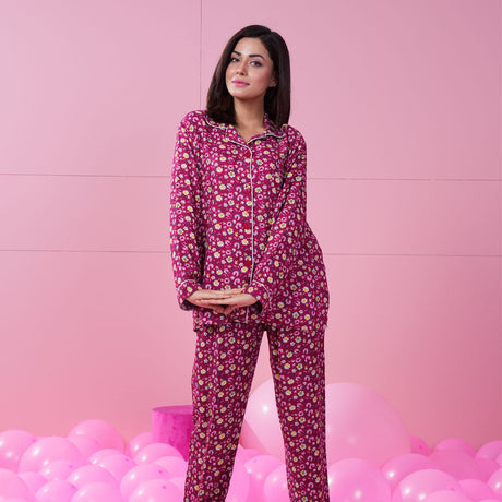 Belleza Lingerie Red Printed Woven Full Sleeve Night Suit