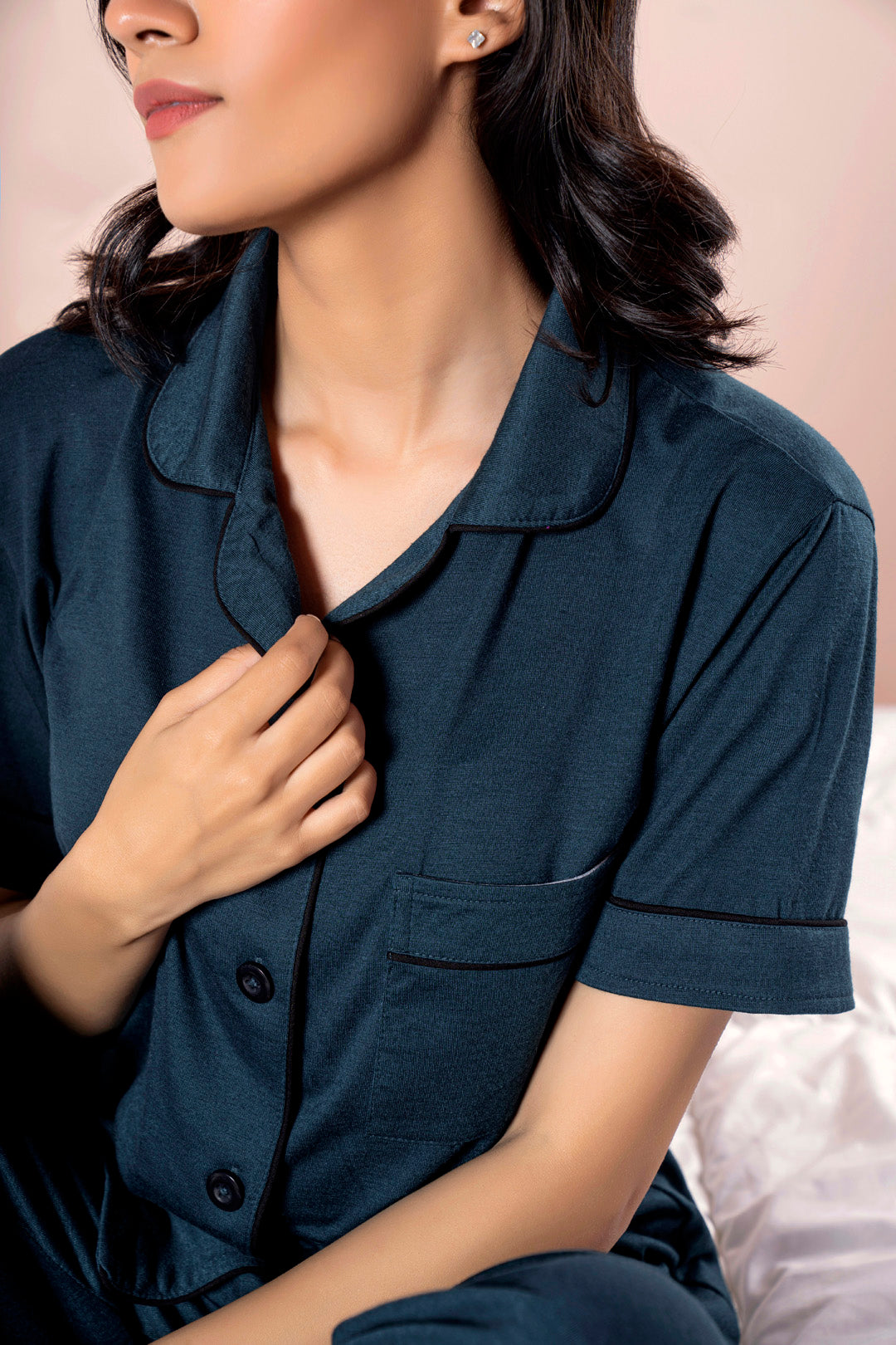 PV Plain With Contrast Piping Pajama Suit - PJS002