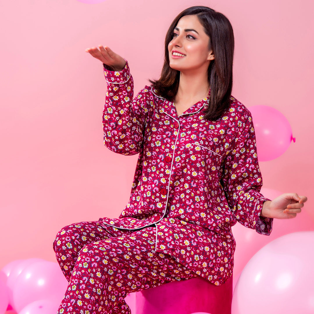 Belleza Lingerie Red Printed Woven Full Sleeve Night Suit
