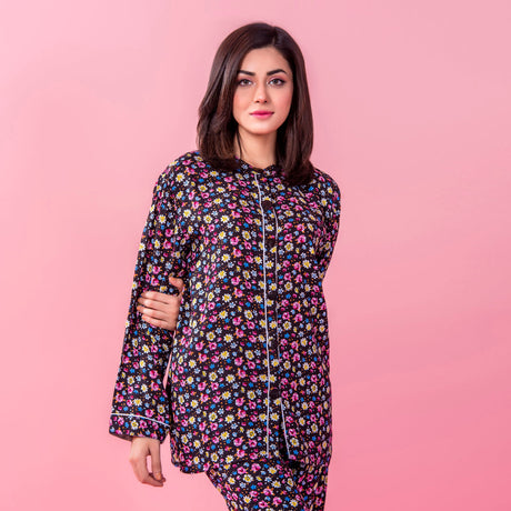 Belleza Lingerie Black Printed Woven Full Sleeve Night Suit