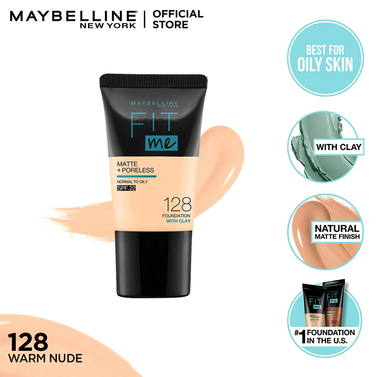 Maybelline Fit Me Matte Poreless Foundation Tube 18ml - 128 Warm Nude
