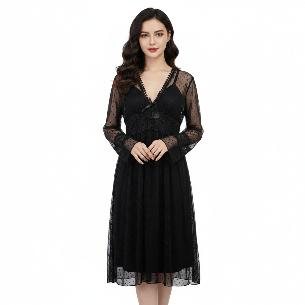 SARI NIGHTY SINGLE MIDI W/GOWN LNG5-4354 BLACK M