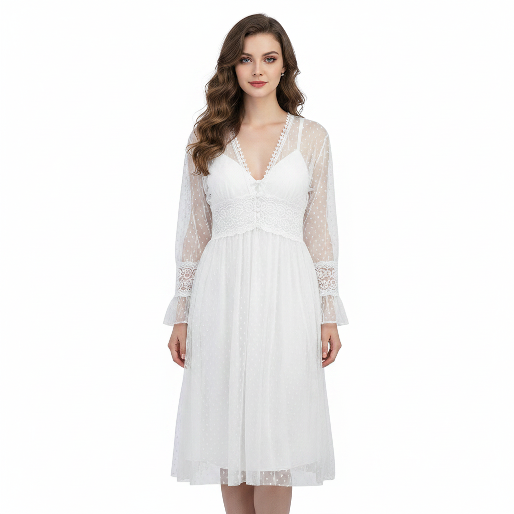 SARI NIGHTY SINGLE MIDI W/GOWN LNG5-4354 WHITE L