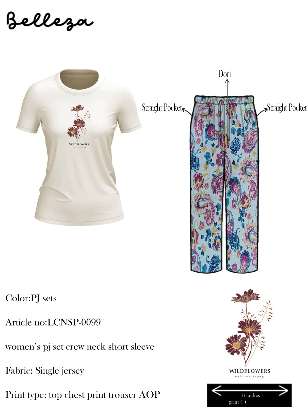 Belleza Crew Neck C/Jersey Pajama Set  0099-Multi