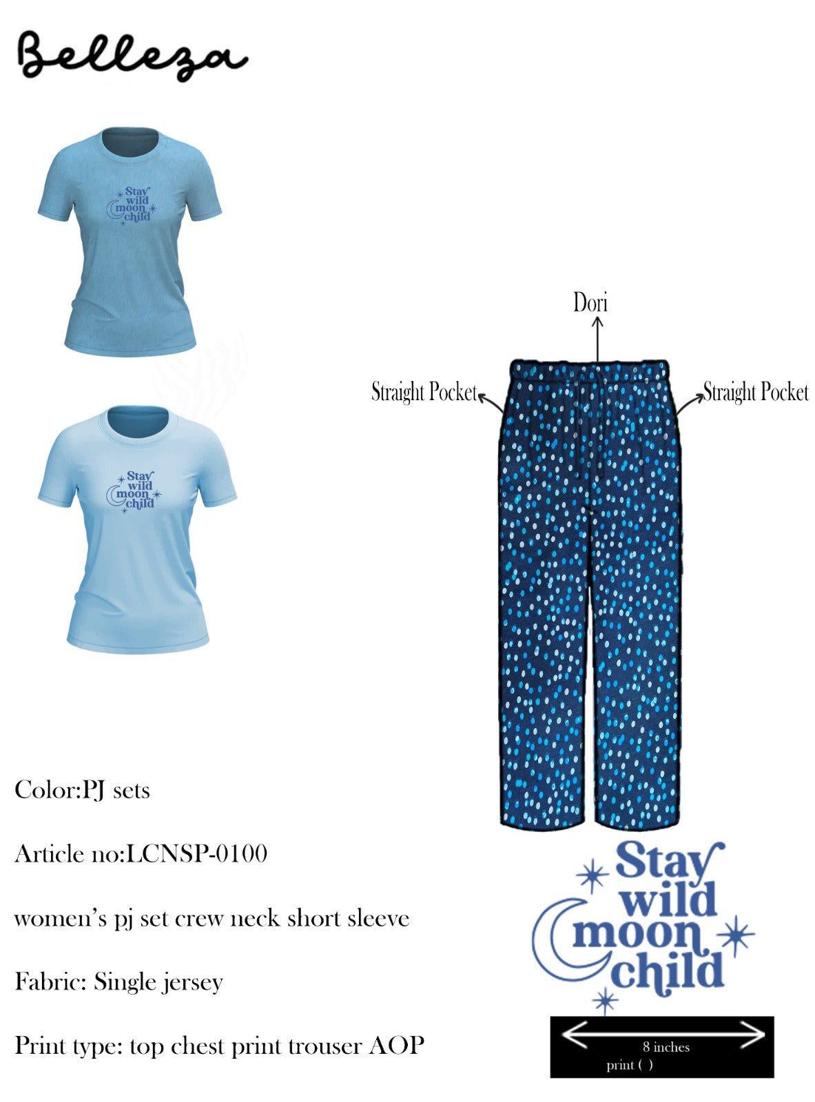 Belleza Lingerie Crew Neck C/Jersey Pajama Set  0100-Multi
