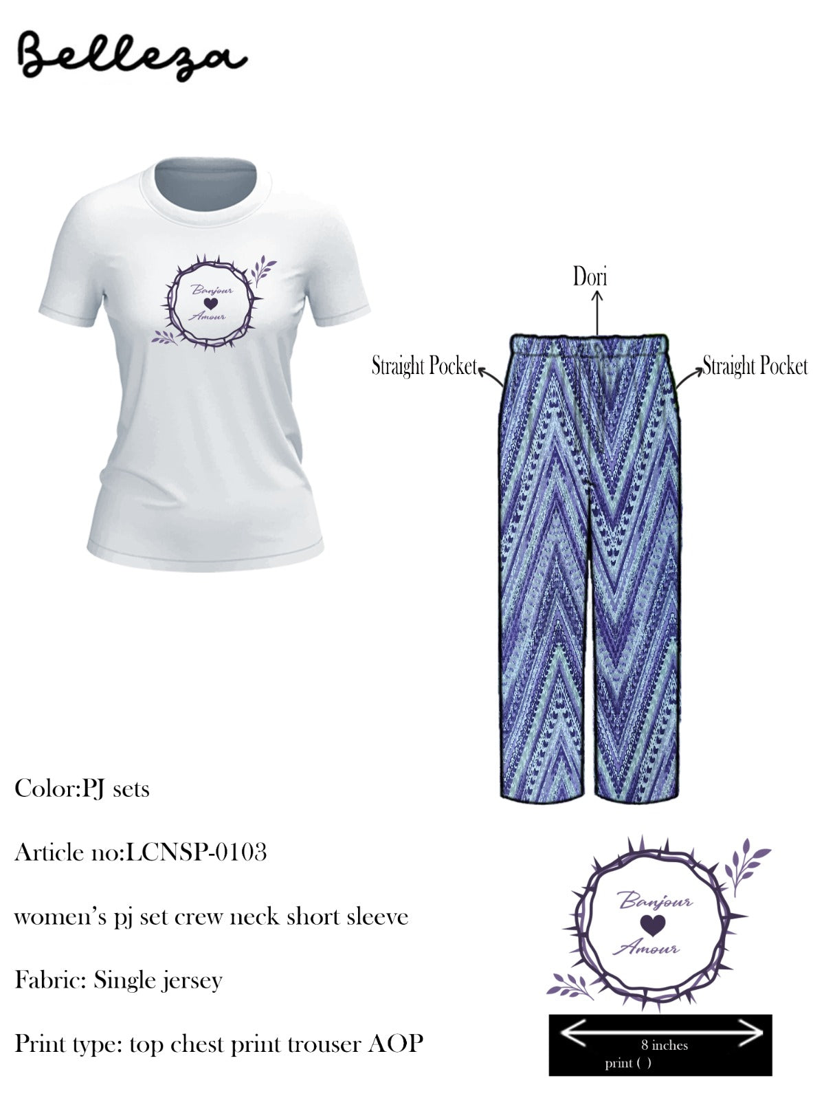 Belleza Lingerie Crew Neck C/Jersey Pajama Set  0103-Multi