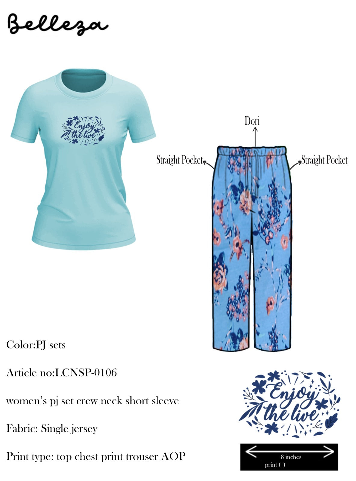 Belleza Crew Neck C/Jersey Pajama Set  0106-Multi