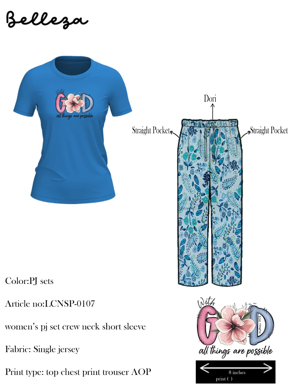 Belleza Lingerie Crew Neck C/Jersey Pajama Set  0107-Multi