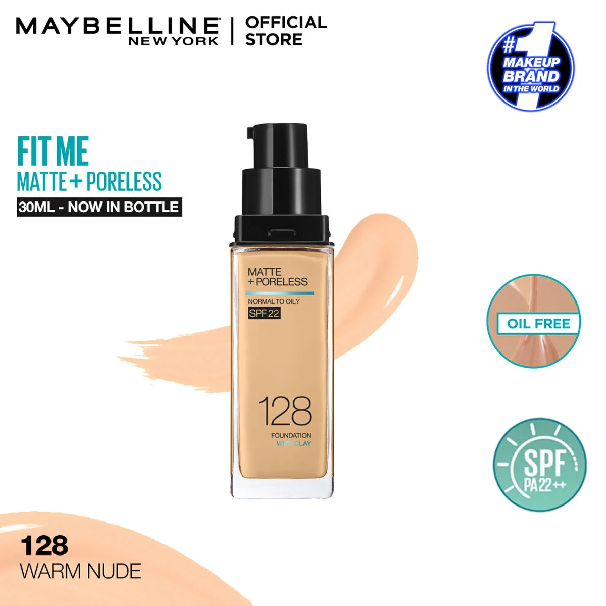 Maybelline Fit Me Matte Pore SPF22 Liquid Foundation 30ml - 128 Warm Nude